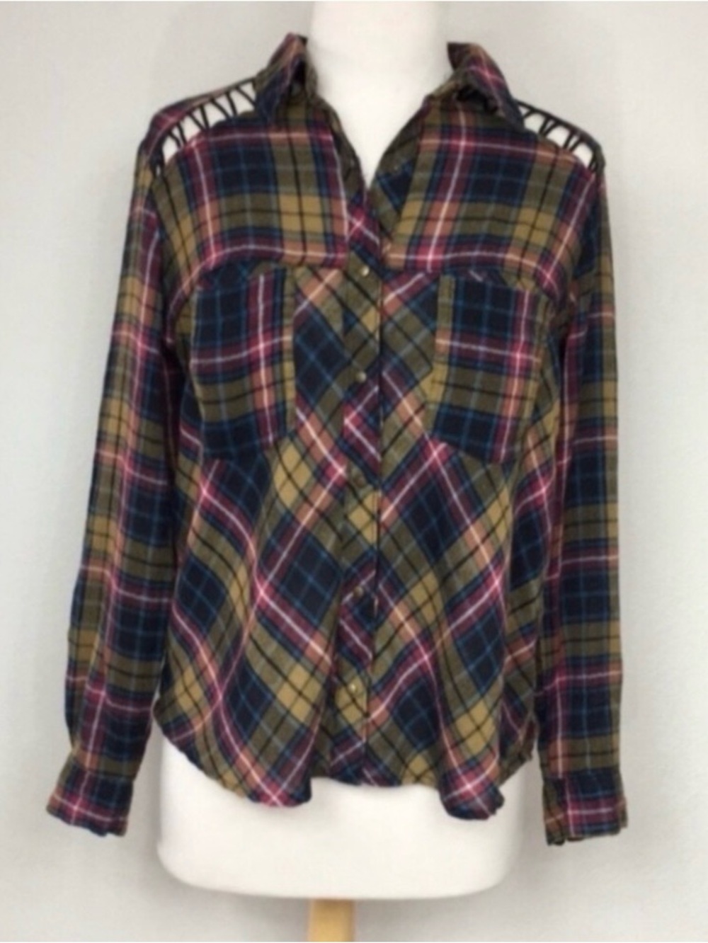 Free People Womens Mustard Maroon Plaid Cut Out Button Shirt XS Cabincore Casual